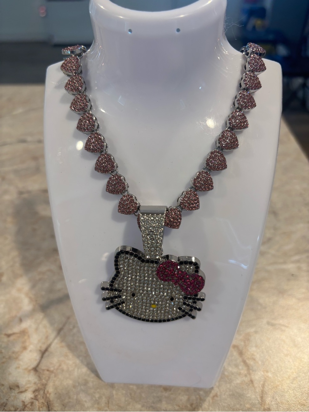 Rhinestone Hello Kitty Pendant Necklace - Pink Accent